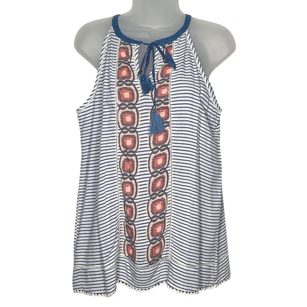Antilia Femme Womens Halter Tank Top Blue White Striped Embroidered Tassel Small